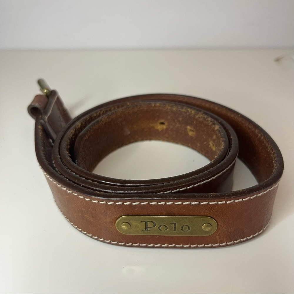 VTG Polo Ralph Lauren Leather Belt 34” Brass Buckle Logo Western Preppy Brown